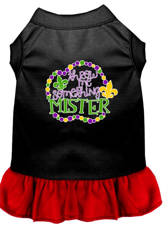 Throw me Something Screen Print Mardi Gras Dog Dress Black with Red Sm